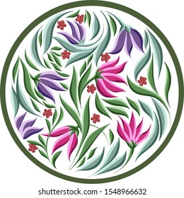 vector drawings of round element with leaves and cute flowers, floral frame