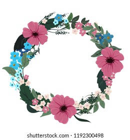 vector drawings of round wreath with leaves and cute flowers, floral frame
