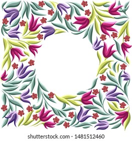 vector drawings of round wreath with leaves and cute flowers, floral frame