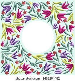 vector drawings of round wreath with leaves and cute flowers, floral frame on light turquoise background