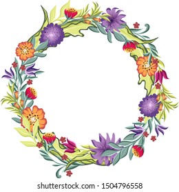 vector drawings of round wreath with leaves and cute flowers, floral frame