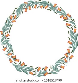 vector drawings of round wreath with leaves and cute flowers, floral frame