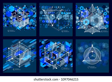 Vector drawings set of blue black industrial system created with lines and 3D cubes. Modern geometric composition can be used as template and layout. 