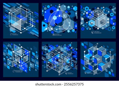 Vector drawings set of blue black industrial system created with lines and 3D cubes. Modern geometric composition can be used as template and layout. 