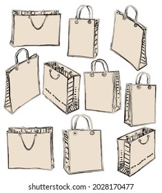 Vector drawings of set various paper bags for purchases 