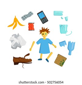 Vector drawings set of waste and garbage for recycling
