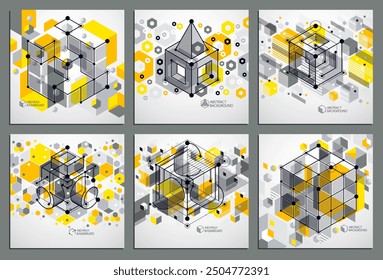 Vector drawings set of yellow industrial system created with lines and 3D cubes. Modern geometric composition can be used as template and layout. 