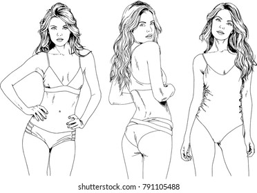vector drawings sketches beautiful girls blondes in swimsuits in sexual poses drawn in ink by hand , objects with no background