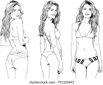 vector drawings sketches beautiful girls blondes in swimsuits in sexual poses drawn in ink by hand , objects with no background