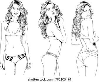 vector drawings sketches beautiful girls blondes in swimsuits in sexual poses drawn in ink by hand , objects with no background