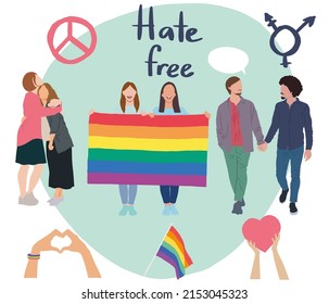 Vector drawings in support of the LGBT community, Hate free, LGBT