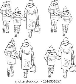 Vector drawings of townswomen with kid walking along street