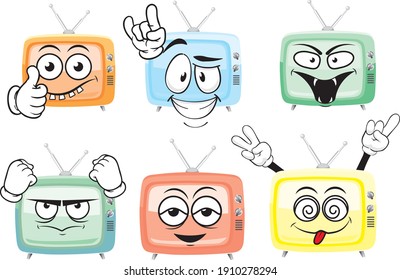 Vector drawings of TV mascot. Perfect for printing on T-shirts, posters, wall papers, wall murals, mugs, glasses, sun loungers, banners, roll-ups, exhibition walls and any other printing materials.