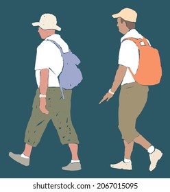Vector drawings of two male tourists walking with backpacks on a summer vacation hike