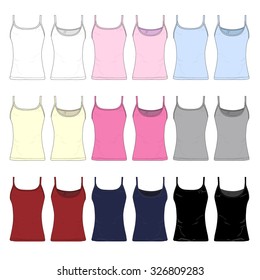 Vector drawings of various colored women's camisole tank tops.