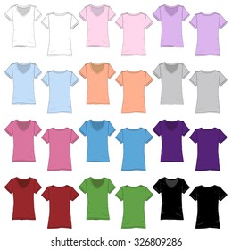 Vector drawings of Various colored Women's V-neck tees.