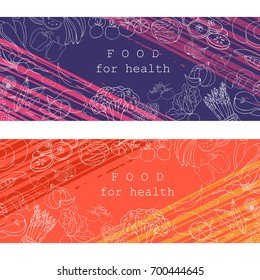 Vector drawings of vegetables and fruits for menu design, recipes and other design ideas. Silhouettes of vegetables and fruits. Healthy food. Ingredients for cooking. 
