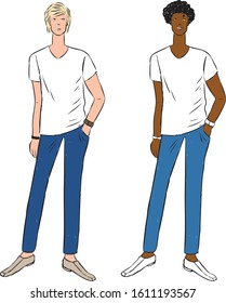 Vector drawings of young men in jeans and white t-shirts