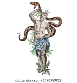 Vector dibujado antiguo hombre griego representación con serpiente