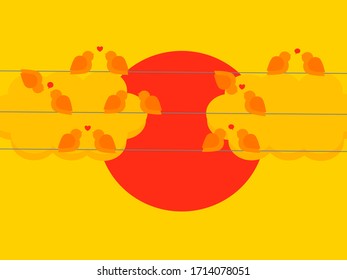 Vector drawn artwork flat design group of bird cling on electrical wire line, sunset red sun orange background warm tone autumn concept, group bird talk and love together in nature 