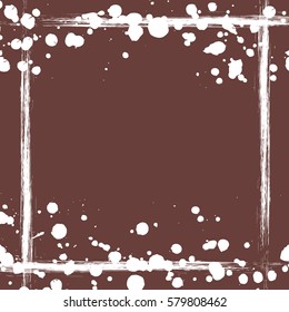 Vector drawn background with frame, border. Grunge brown template with splash, spray attrition, cracks. Old style vintage design. Graphic illustration