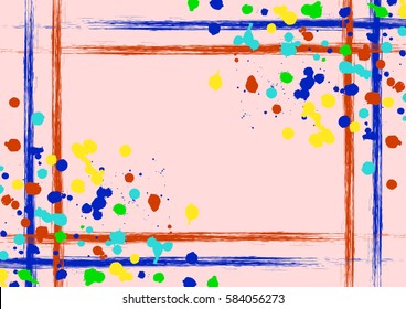 Vector drawn background with frame, border. Grunge pink template with splash, spray attrition, cracks. Old style vintage design. Graphic illustration. a4 size format, horizontal orientation.