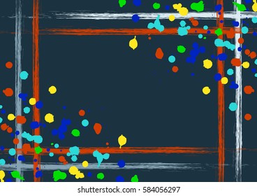 Vector drawn background with frame, border. Grunge blue template with splash, spray attrition, cracks. Old style vintage design. Graphic illustration. a4 size format, horizontal orientation.