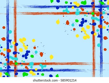 Vector drawn background with frame, border. Grunge blue template with splash, spray attrition, cracks. Old style vintage design. Graphic illustration. a4 size format, horizontal orientation
