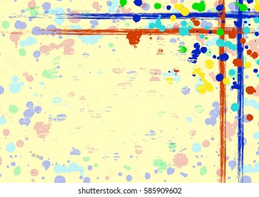 Vector drawn background with frame, border. Grunge template with splash, spray attrition, cracks. Old style vintage design. Graphic illustration. a4 size format, horizontal orientation