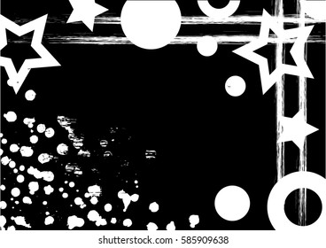 Vector drawn background with frame, border. Grunge template with splash, spray attrition, cracks. Old style vintage design. Graphic illustration. a4 size format, horizontal orientation