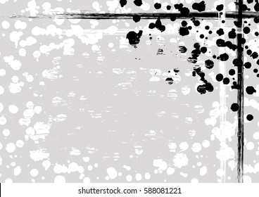 Vector drawn background with frame, border. Grunge template with splash, spray attrition, cracks. Old style vintage design. Graphic illustration. a4 size format, horizontal orientation.