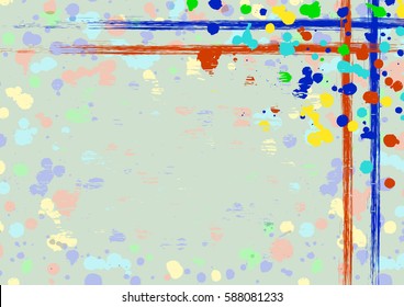 Vector drawn background with frame, border. Grunge template with splash, spray attrition, cracks. Old style vintage design. Graphic illustration. a4 size format, horizontal orientation.