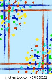 Vector drawn background with frame, border. Grunge template with splash, spray attrition, cracks. Old style vintage design. Graphic illustration. a4 size format, vertical orientation