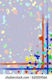 Vector drawn background with frame, border. Grunge template with splash, spray attrition, cracks. Old style vintage design. Graphic illustration. a4 size format, vertical orientation