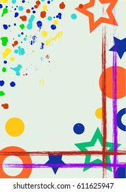 Vector drawn background with frame, border. Grunge template with geometric figures, splash, spray attrition, cracks Old style vintage design. Graphic illustration. a4 size format, vertical orientation