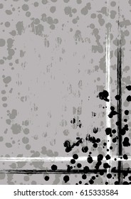 Vector drawn background with frame, border. Grunge template with splash, spray attrition, cracks. Old style vintage design. Graphic illustration. a4 size format, vertical orientation