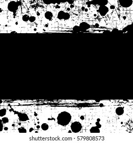 Vector drawn background. Grunge black and white template with splash, spray attrition, cracks. Old style vintage design. Graphic illustration