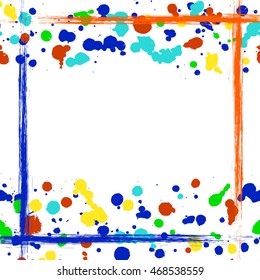 Vector drawn background. Grunge colorful template with border, brushstrokes, splash, blots with space for text. Graphic illustration.  