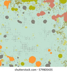 Vector drawn background. Grunge green template with splash, spray attrition, cracks. Old style vintage design. Graphic illustration