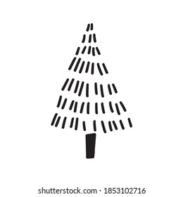 Vector drawn black Christmas tree icon. Christmas and new year tree design for printing greeting cards.On white background.