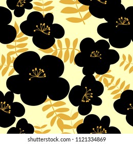 Vector drawn black flowers seamless pattern on light background. Fabric, package design idea.