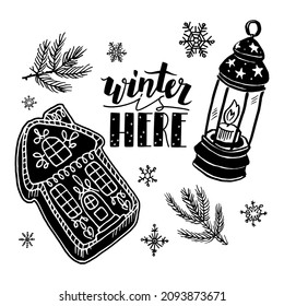 Vector drawn black, white doodle illustration with elements of winter concept. It depicts gingerbread house, Christmas candlestick, Lettering Winter Here, branches Christmas tree, falling snowflakes.