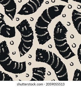 Vector drawn black worms white ecru repeat pattern