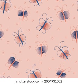 Vector drawn blue pink butterflies repeat pattern