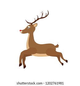 Vector drawn brown reindeer - Christmas symbol, funny animal with red nose. Cute friend of Santa Claus. X-mas concept, character for celebration post-cards, posters or banners.