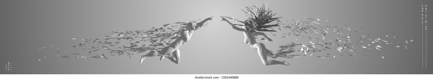 Vector drawn by polygons. Low-poly cover design. Creative fitness art. Concept graphic of 3d flying people. 