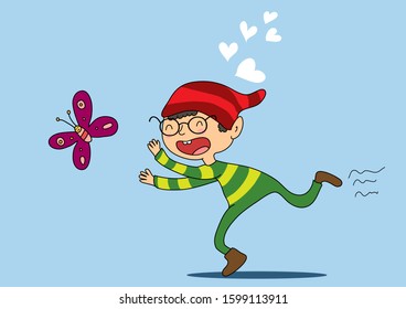 Vector drawn cartoon boy with glasses catches up with a butterfly and laughs. Lots of hearts next to him.