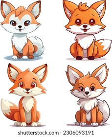 vector drawn cartoon fox collection,vectoe set of bright red fox in different actions. wild creature with fluffy tail. cartoon forest animal