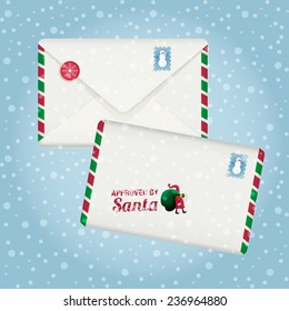 The vector drawn closed envelope with stamp Approved by Santa Claus. Winter background with snowflakes for your design. Stamp with cute snowman. Christmas and winter holidays. 