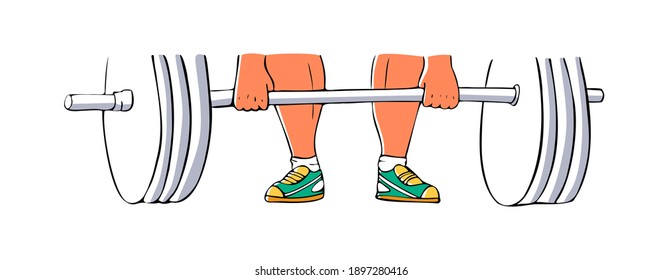Vector drawn color doodle illustration with legs of weightlifter. Concept sports shoes for strength training.